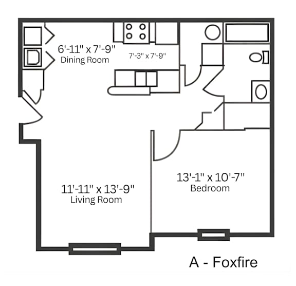 A floor plan of a living room, dining room, and bedroom in a Foxfire model.