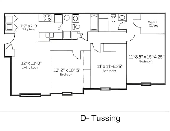 A floor plan of a D-Tussing apartment with a living room, dining room, kitchen, and three bedrooms.