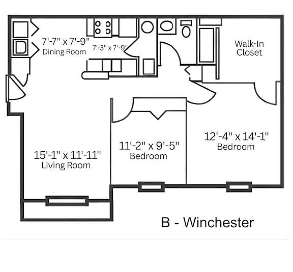 A floor plan of a Winchester apartment with a living room, dining room, and two bedrooms.