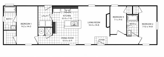 A floor plan of a house with labeled rooms and dimensions.