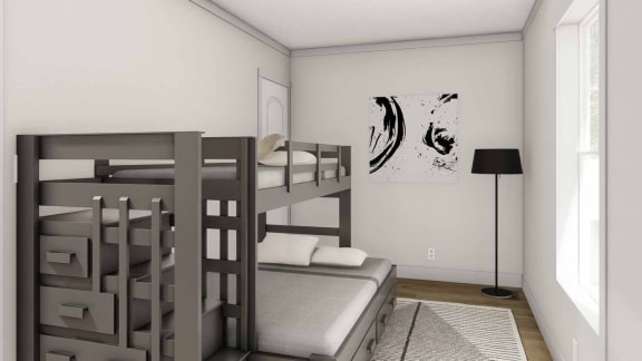 a bedroom with two bunk beds and a window