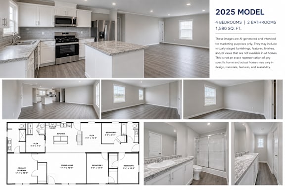 A 2025 model home with 4 bedrooms and 2 bathrooms is showcased in this image.