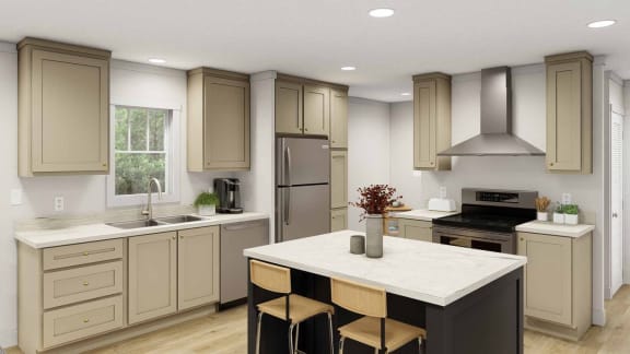 a kitchen with a center island and a stove top oven
