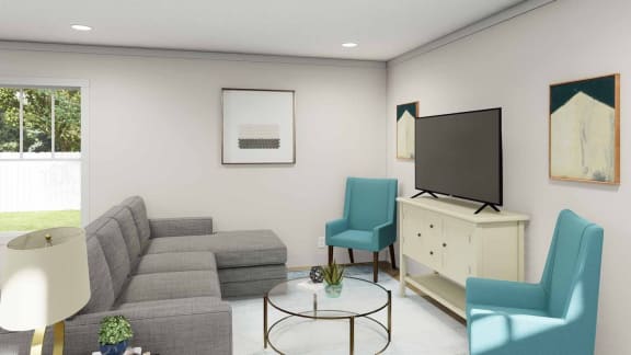 a rendering of a living room with a couch and two chairs