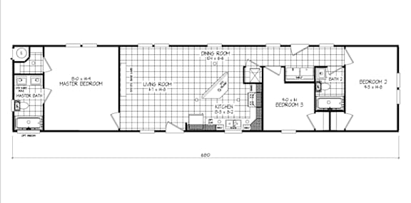 A floor plan of a house with a den, living room, kitchen, and three bedrooms.