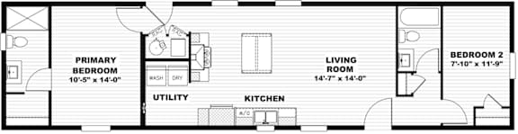 A floor plan of a small apartment with a primary bedroom, a living room, a kitchen, and a utility space.