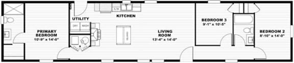 A floor plan of a home with a primary bedroom, a living room, a kitchen, a utility room, and two additional bedrooms.
