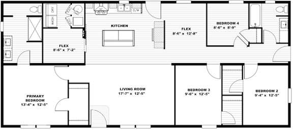 A black and white image of a house floor plan with a kitchen, living room, and three bedrooms.