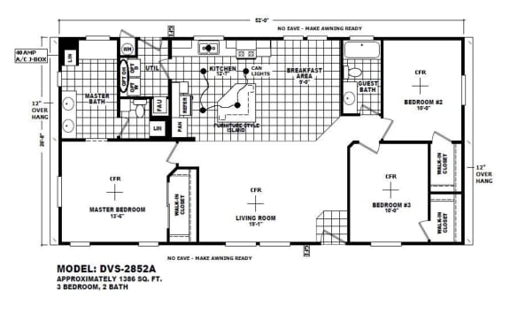 Double wide home floor plan with three bedrooms and two bathrooms, totaling 1,386 square feet.