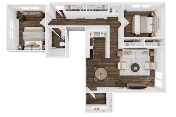 A top-down view of a modern apartment layout with a kitchen, living room, and bedrooms.