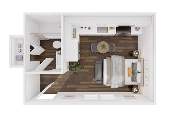 A top-down view of a small, neatly organized apartment with a kitchen, living room, and bathroom.