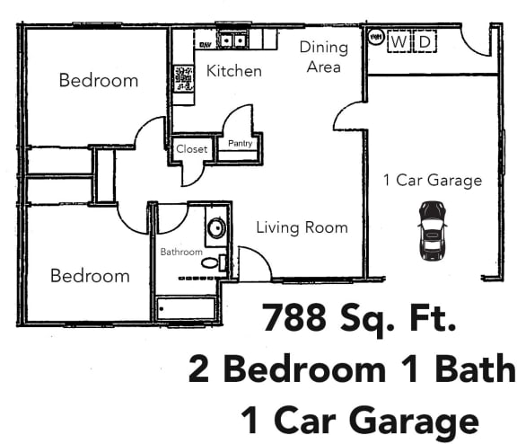 2bed 1bath Floor Plan 788 sq. ft. at Tyner Ranch Townhomes, Bakersfield, CA, 93307