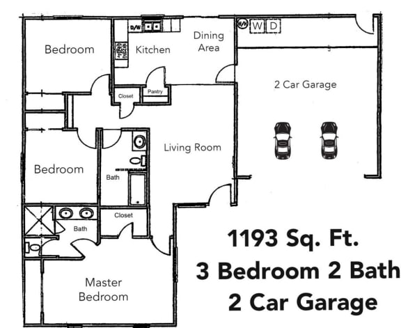 3bed 2bath Floor Plan 1,193 sq. ft. at Tyner Ranch Townhomes, Bakersfield, CA