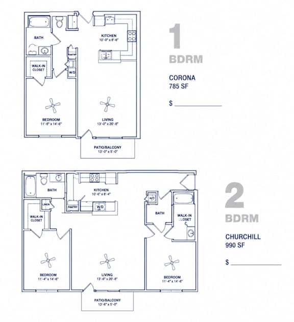 Two floor plans for a 785 square foot and a 990 square foot home.