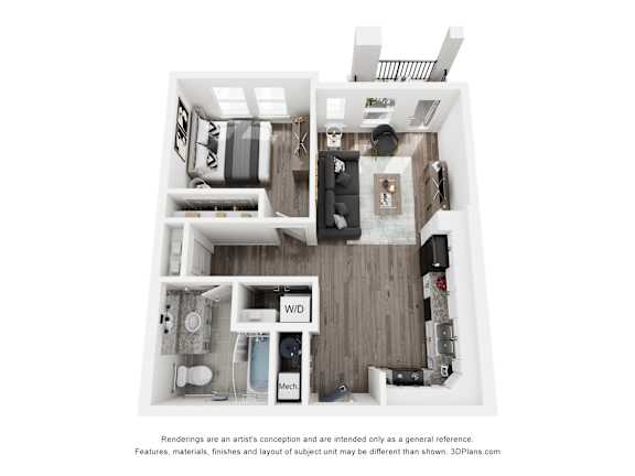 A 3D floor plan of a small apartment with a kitchen, living room, and bathroom.