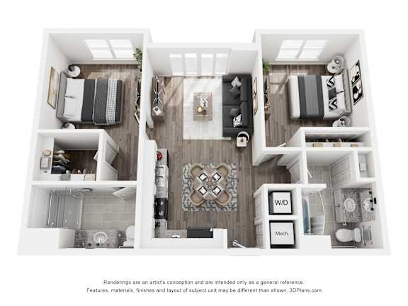 A 3D floor plan of a house with a kitchen, living room, and bathroom.