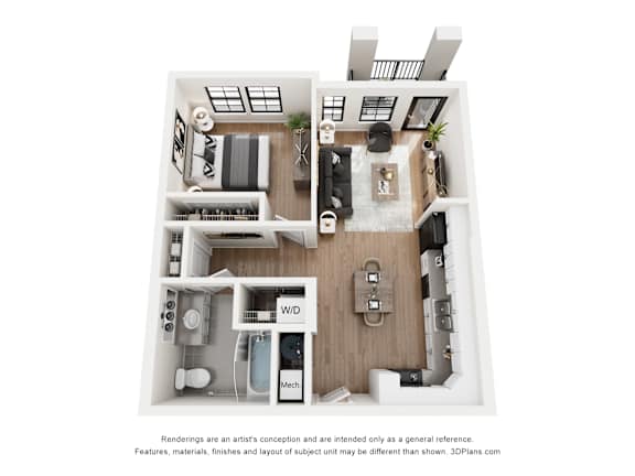 A floor plan of a small apartment with a kitchen, living room, and bathroom.