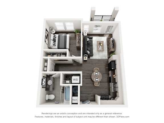 A 3D floor plan of a small apartment with a kitchen, living room, and bathroom.