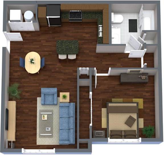 A 3D floor plan of a small apartment with a living room, kitchen, and bedroom.