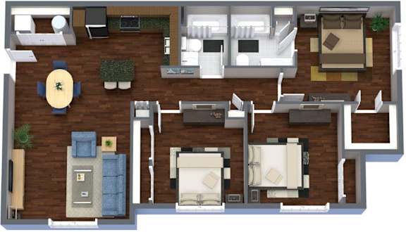 A floor plan of a house with a kitchen, living room, dining room, and bedrooms.