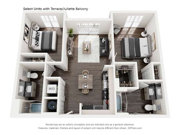 A 3D floor plan of a unit with a terrace/juliette balcony.