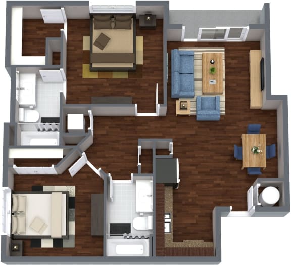 a floor plan of a two bedroom apartment with two bathrooms and a balcony