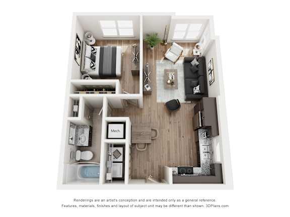 A 3D floor plan of a small apartment with a kitchen, living room, and bathroom.