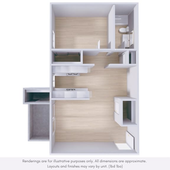 A 3D rendering of a modern apartment layout with a kitchen, living room, and bedroom.