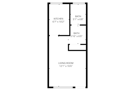 A floor plan of a small apartment with a kitchen, two bathrooms, and a living room.