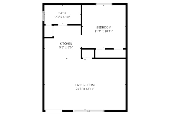 A floor plan of a house with a living room, bedroom, kitchen and bathroom.