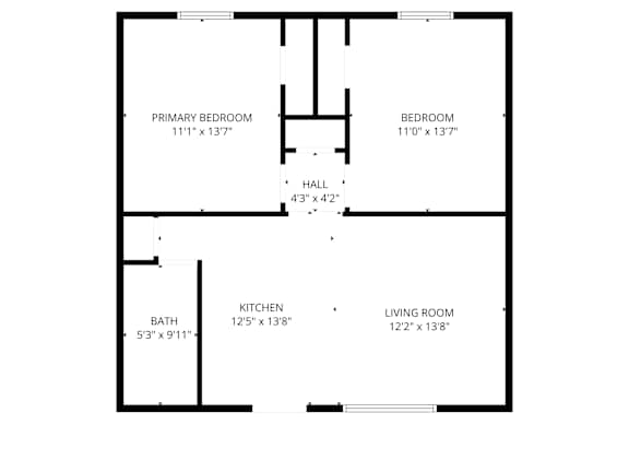 A floor plan of a house with a primary bedroom, a bedroom, a bath, a kitchen, and a living room.