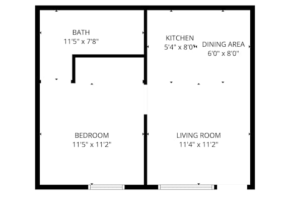 A floor plan of a room with a bath, kitchen, dining area, bedroom, and living room.