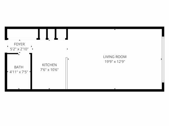 A floor plan of a small apartment with a living room, kitchen, bath, and foyer.