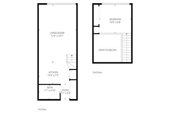 A floor plan of a two-story apartment with a living room, kitchen, bathroom and bedroom.