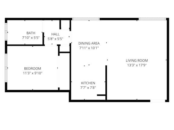 A floor plan of a house with a living room, dining area, kitchen, bedroom and bathroom.