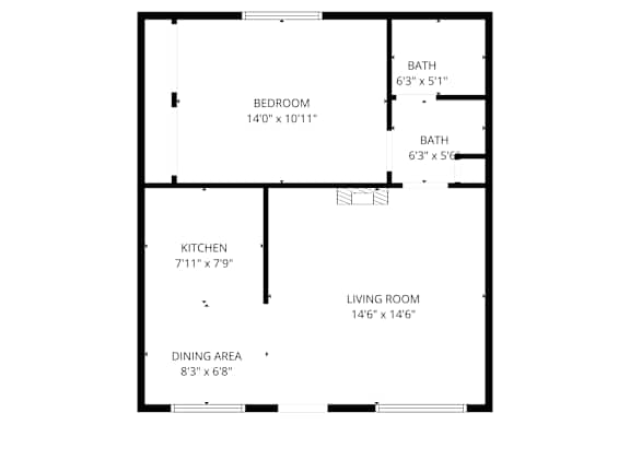 A floor plan of a house with a living room, dining area, kitchen, and two bedrooms.