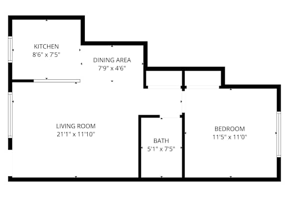 A floor plan of a house with a kitchen, dining area, living room, bedroom and bathroom.