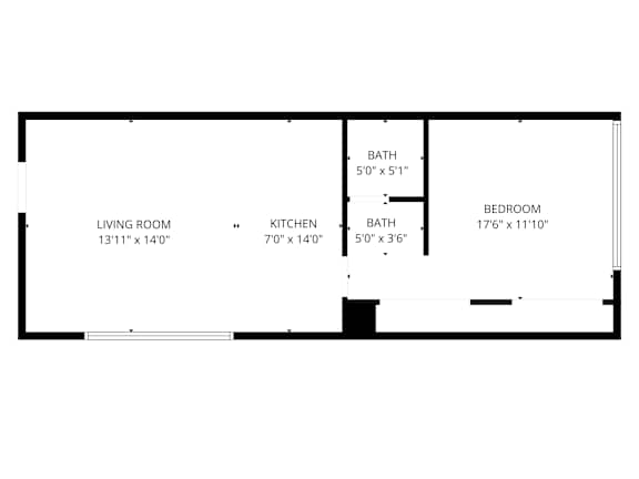 A floor plan of a small apartment with a living room, kitchen, bathroom and bedroom.
