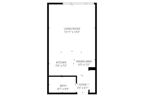 A floor plan of a small apartment with a living room, kitchen, dining area, bathroom and foyer.