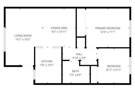 A floor plan of a house with a living room, kitchen, dining area, and bedrooms.
