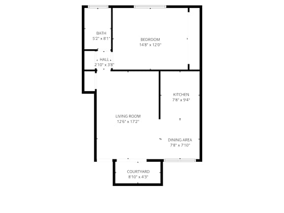 A floor plan of a house with a living room, dining area, kitchen, bedroom, bathroom and a courtyard.