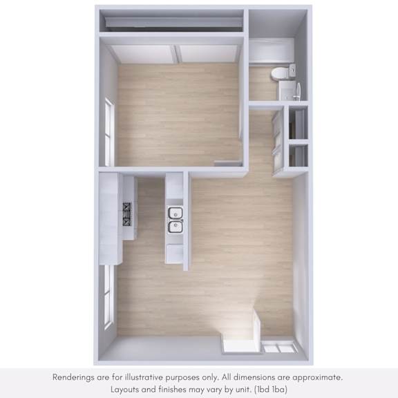 A 3D rendering of a small, modern apartment with a kitchen area and a bathroom.