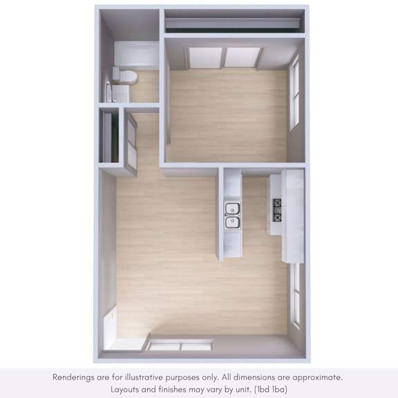 A 3D rendering of a small apartment layout with a kitchen, living room, and bathroom.