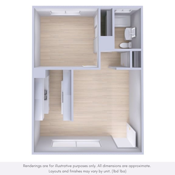 A 3D rendered image of a small apartment layout.