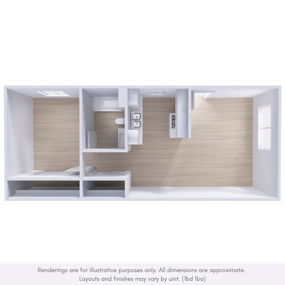 A 3D rendering of a room with a bed, a desk, and a shelf.