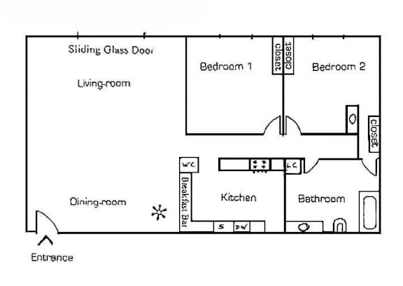 A floor plan of a house with a living room, dining room, kitchen, two bedrooms, and a bathroom.