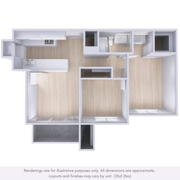 A rendering of a kitchen layout with a note that it is for illustrative purposes only.