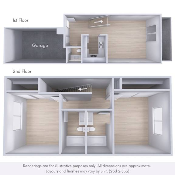 A diagram showing the layout of a house with a garage and two floors.