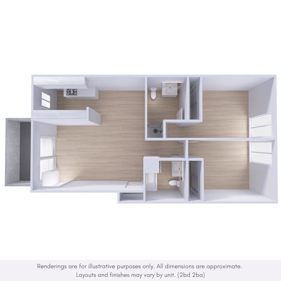 A 3D rendering of a house layout with a kitchen, living room, and bathroom.