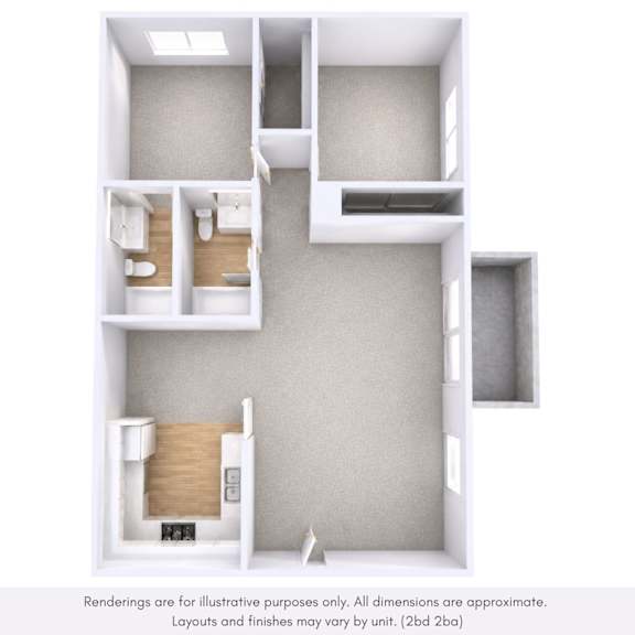 A diagram of a small apartment with a kitchen, bathroom, and bedroom.